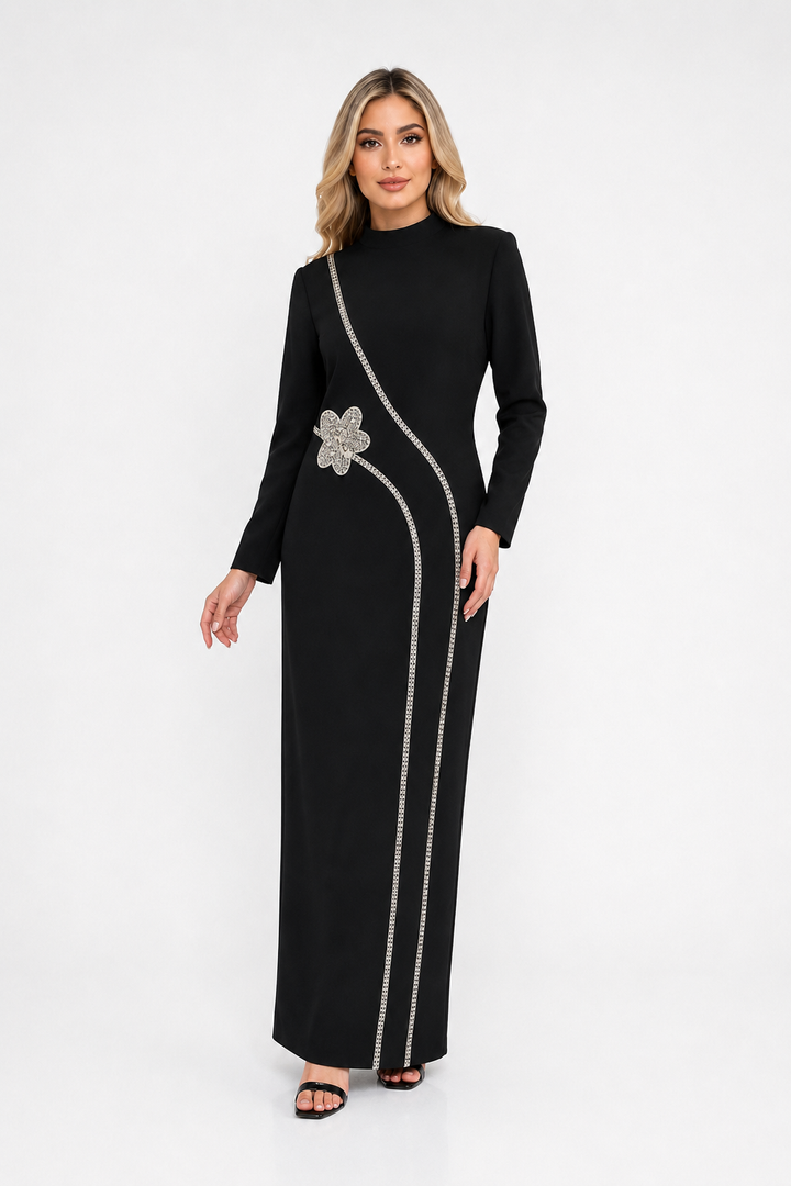 Crystal Floral Trim Maxi Dress - Ivory