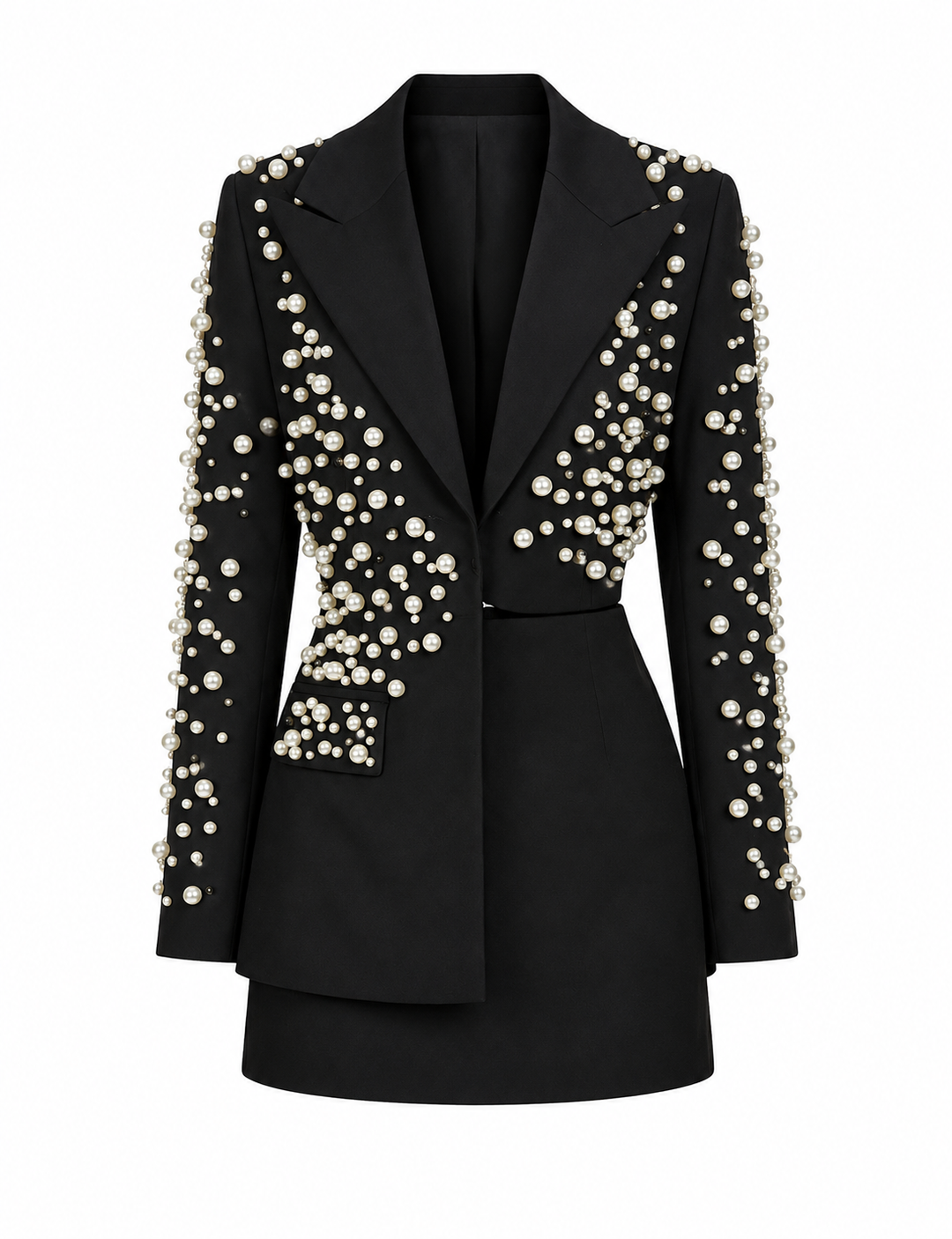 Black Pearl-Embellished Blazer Mini Dress – Prestige
