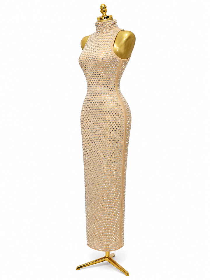 Crystal Mesh High Neck Midi Dress - Radiance