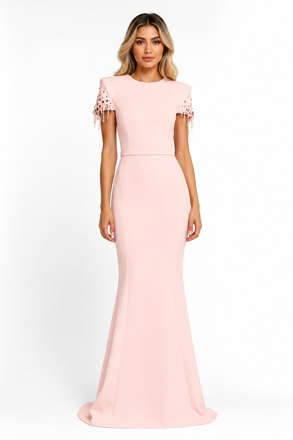Blush Beaded Sleeve Mermaid Gown - Rosé