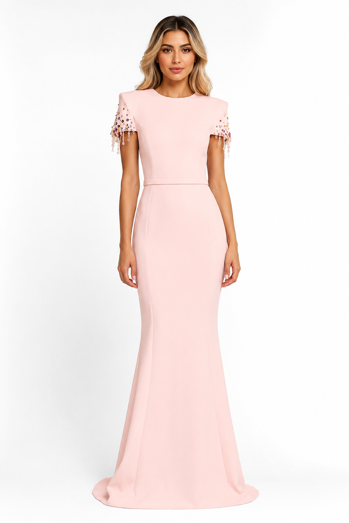 Blush Beaded Sleeve Mermaid Gown - Rosé