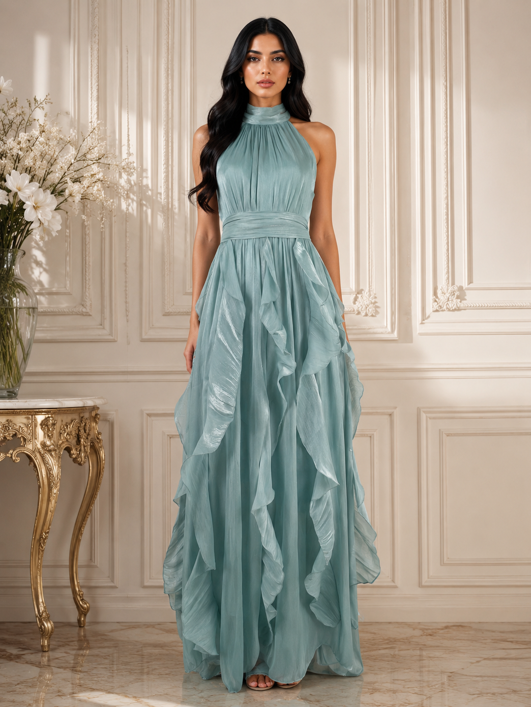 Ruffle Halter Maxi Dress - Skynr