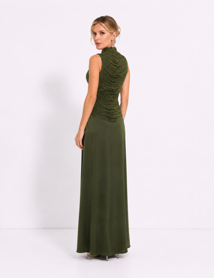 Olive Shimmer Draped Maxi Dress — Verdant