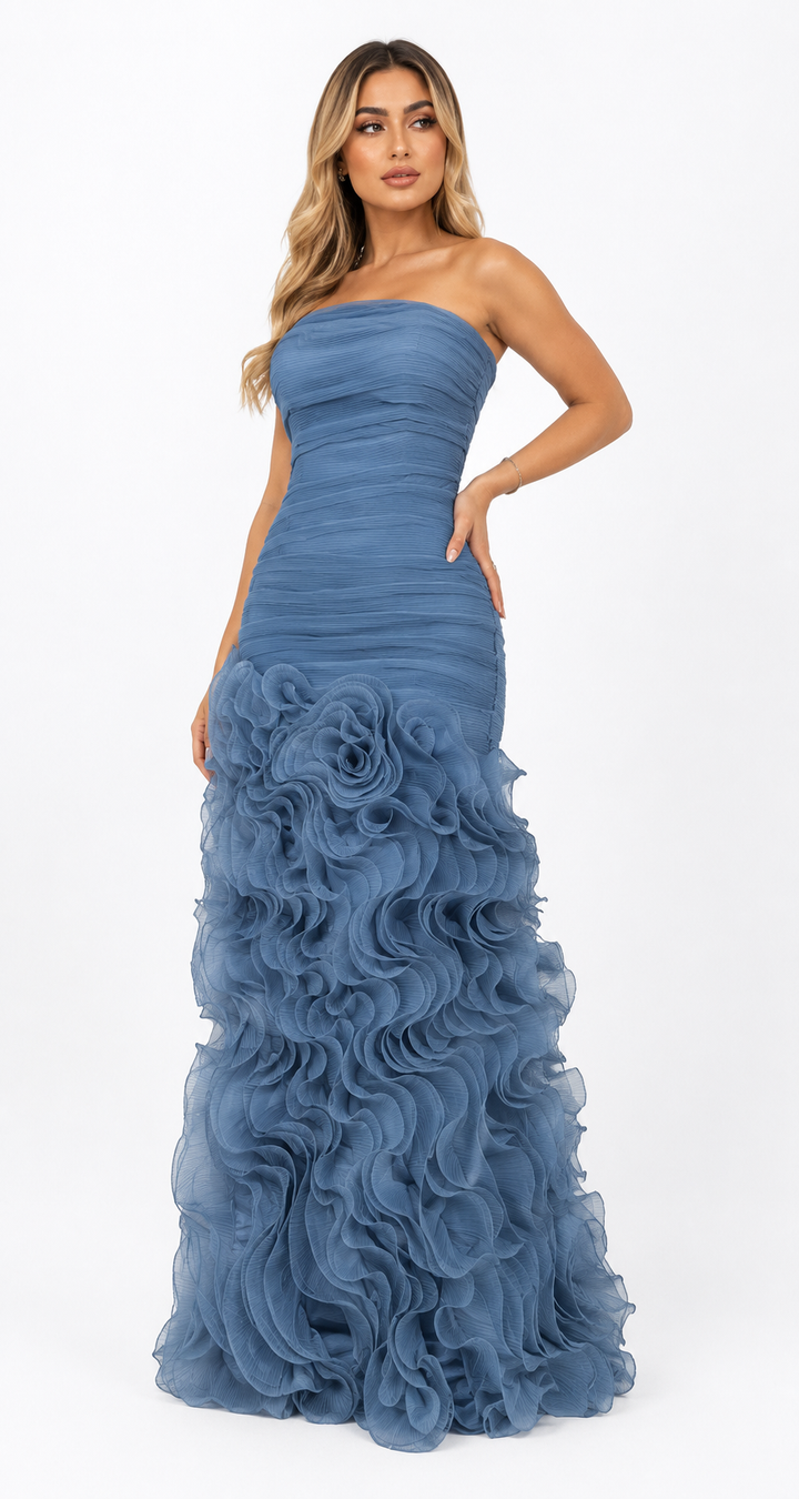 Sculpted Ruffle Evening Gown - Azure