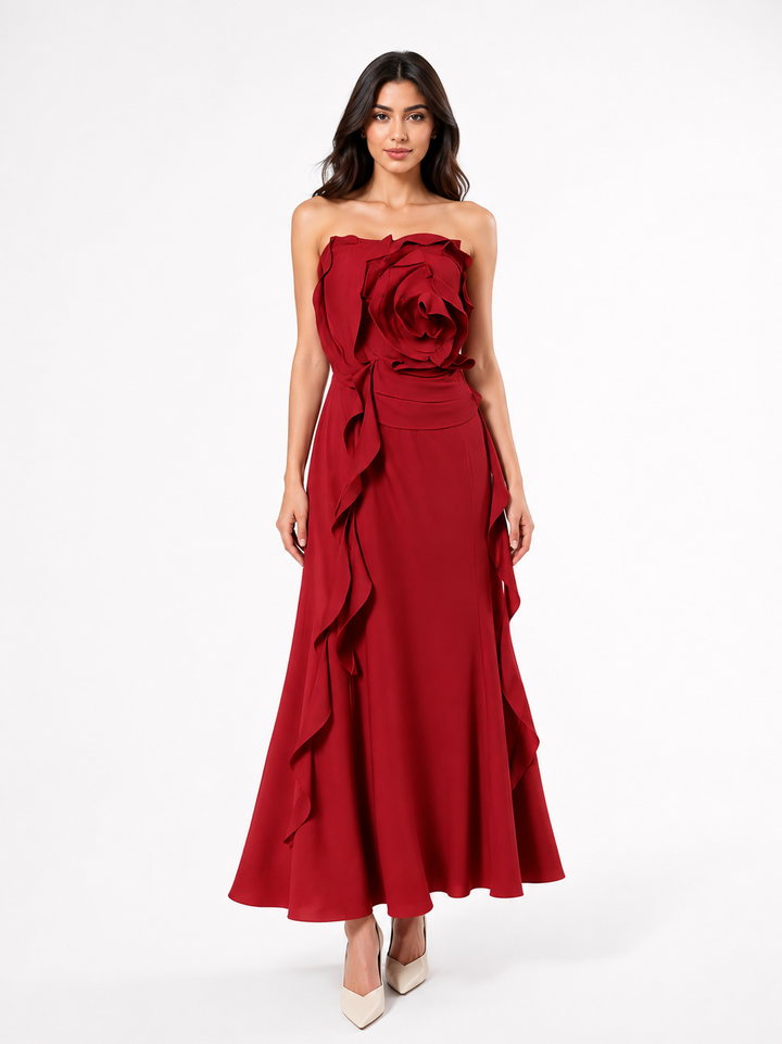 Ivory 3D Rose Strapless Midi Dress – Rosette