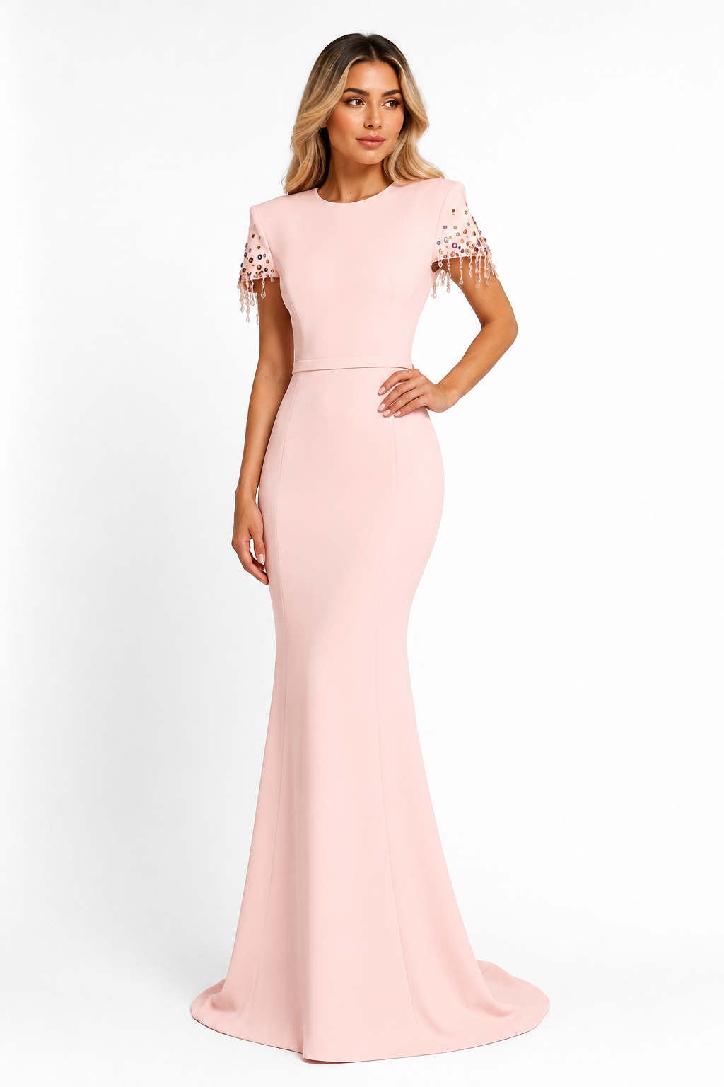 Blush Beaded Sleeve Mermaid Gown - Rosé