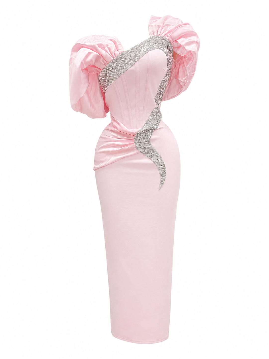 Crystal Trim Puff Sleeve Midi Dress - Blossom