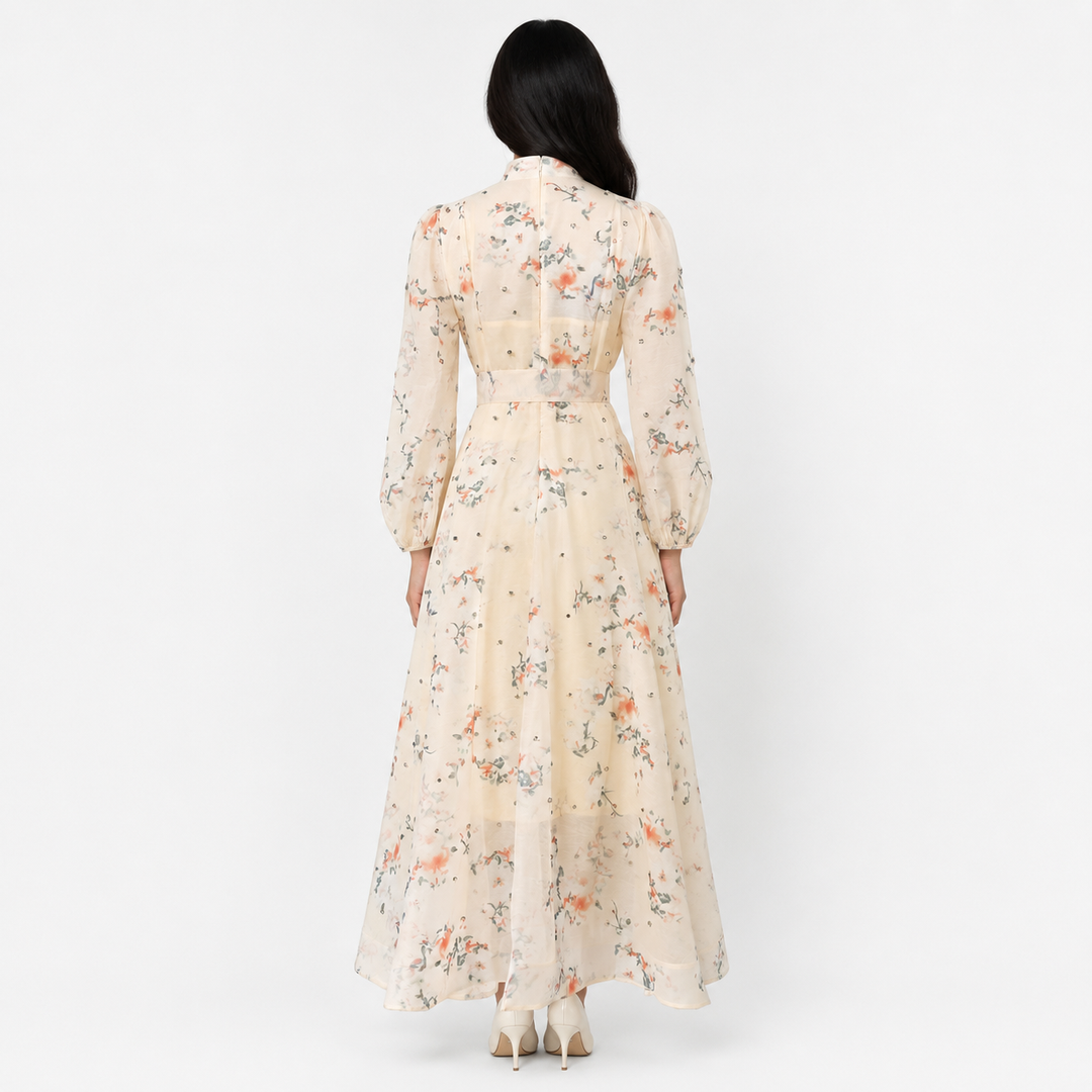 Botanical Print Maxi Dress with Waist Tie - Ocean