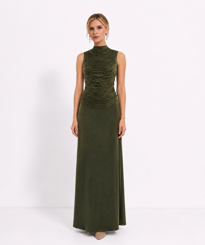 Olive Shimmer Draped Maxi Dress — Verdant