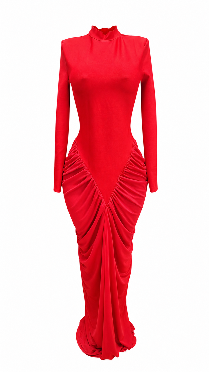 Ruched Mermaid Evening Gown - Scarlet