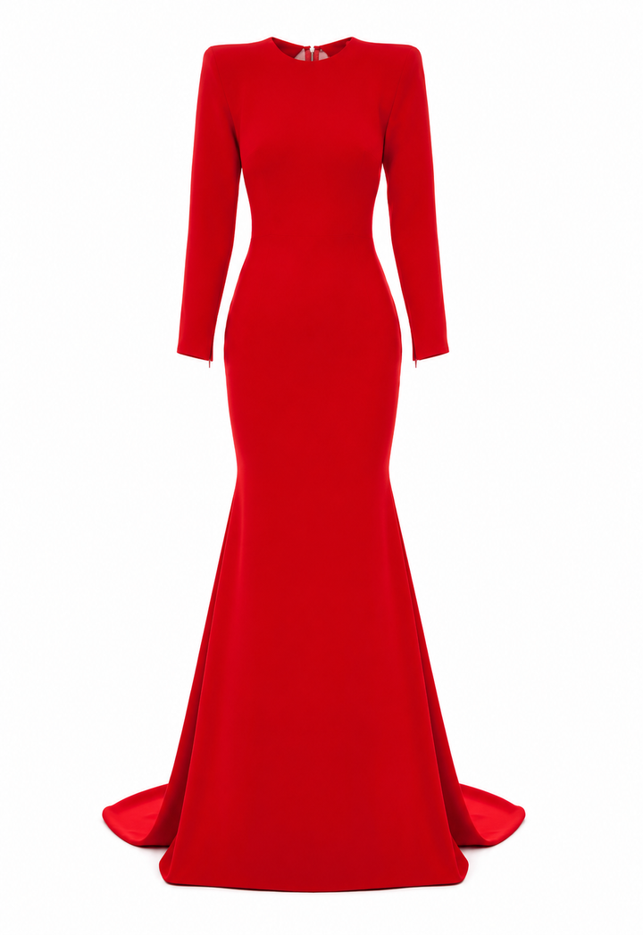 Sculpted Long-Sleeve Mermaid Gown - Scarlet