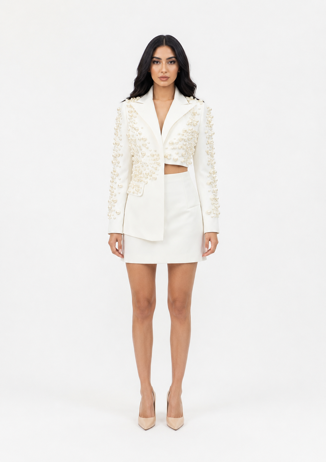 Black Pearl-Embellished Blazer Mini Dress – Prestige