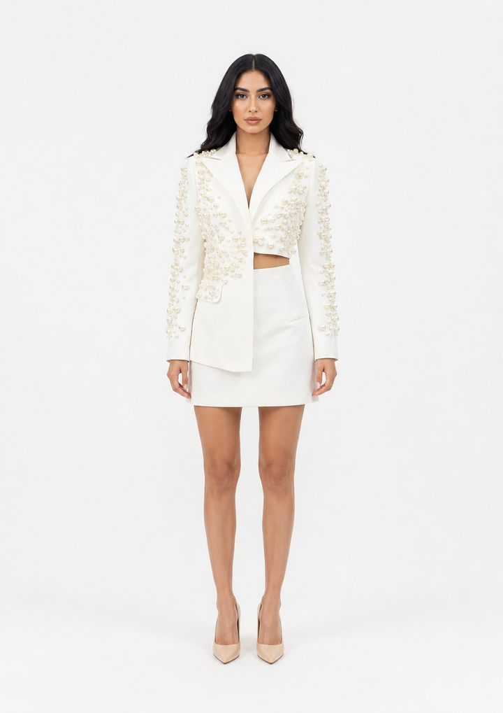 Black Pearl-Embellished Blazer Mini Dress – Prestige