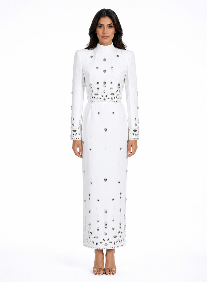 Radiant Crystal Embellished High Neck Maxi Dress - Sunshinee