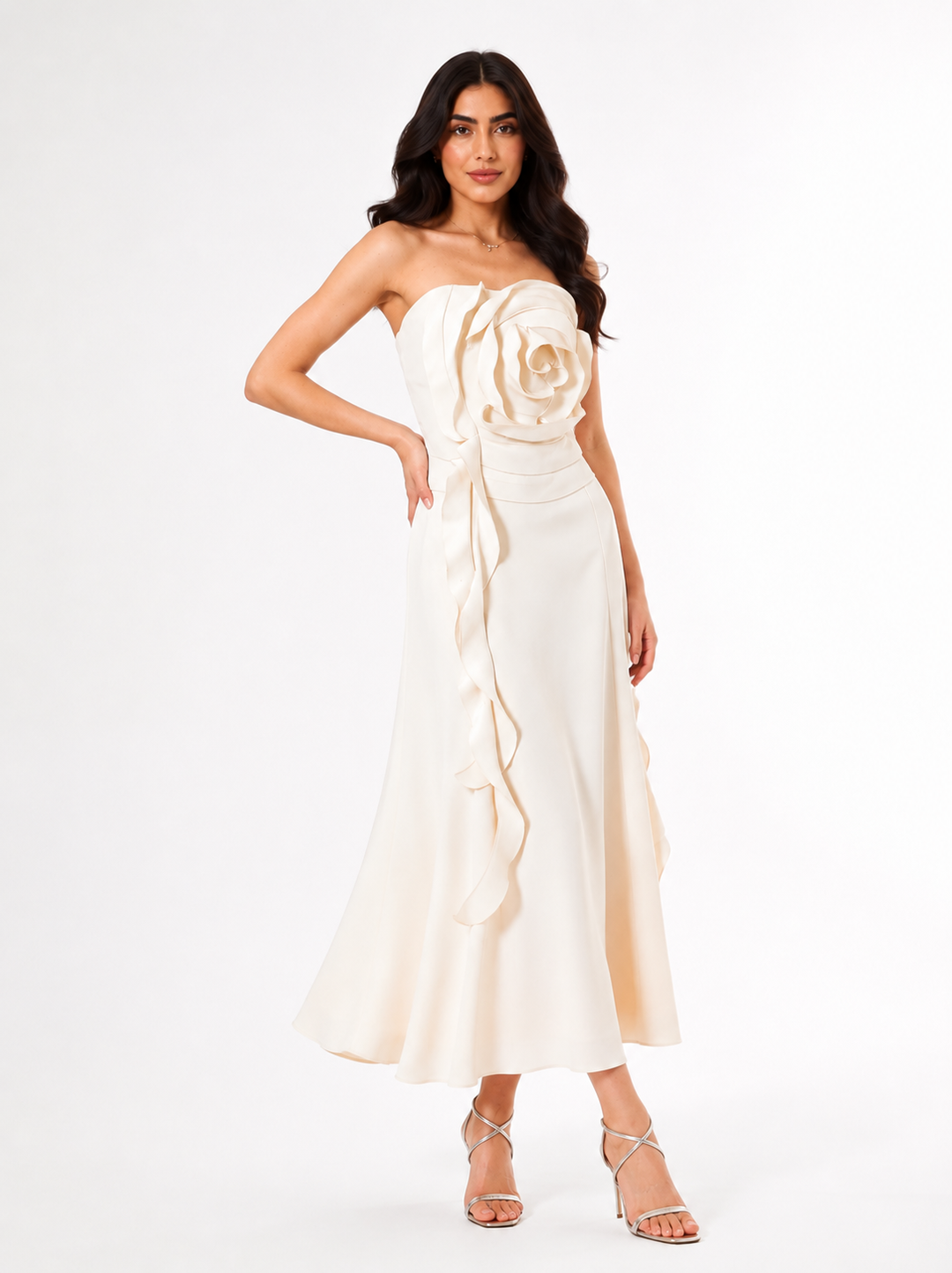 Ivory 3D Rose Strapless Midi Dress – Rosette