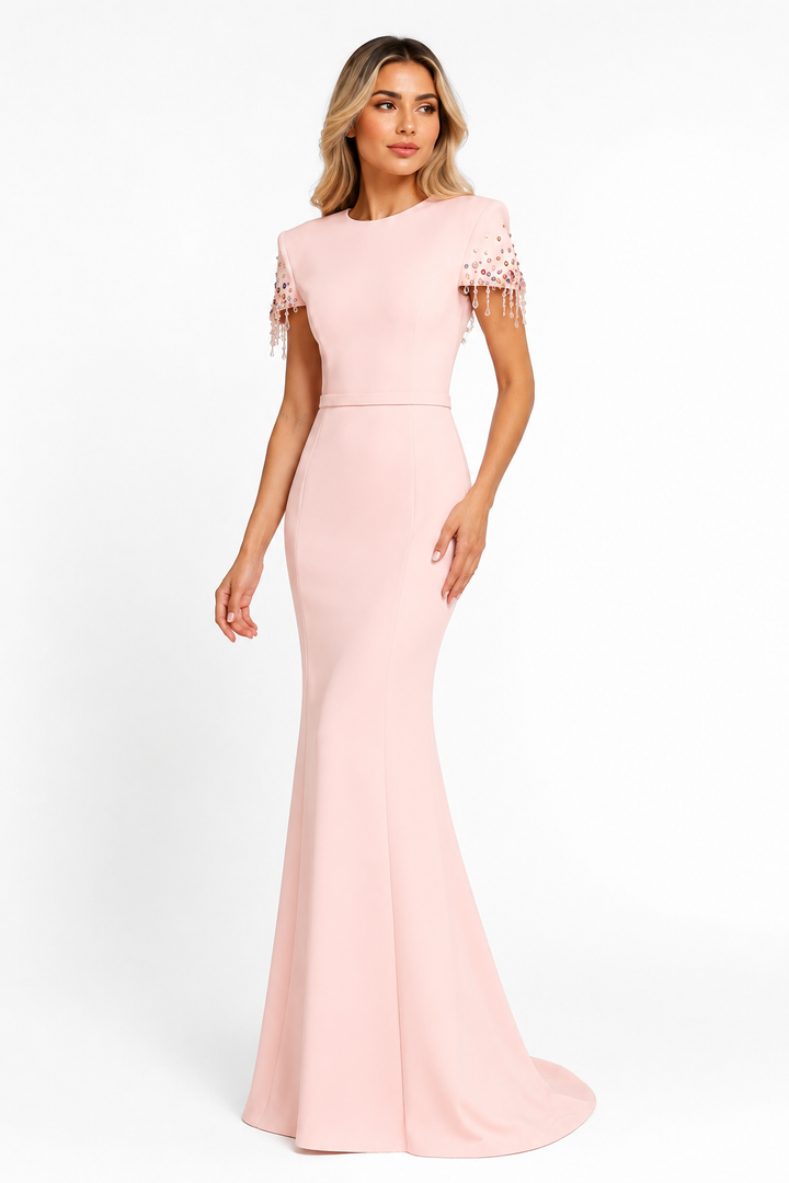 Blush Beaded Sleeve Mermaid Gown - Rosé