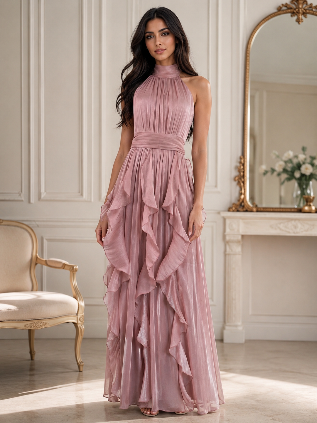 Ruffle Halter Maxi Dress - Skynr