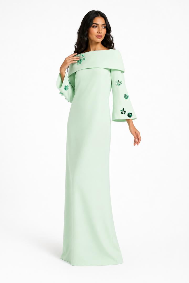 Mint Floral Embellished Off-Shoulder Maxi Dress - Blossom