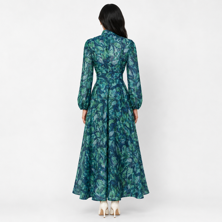 Botanical Print Maxi Dress with Waist Tie - Ocean