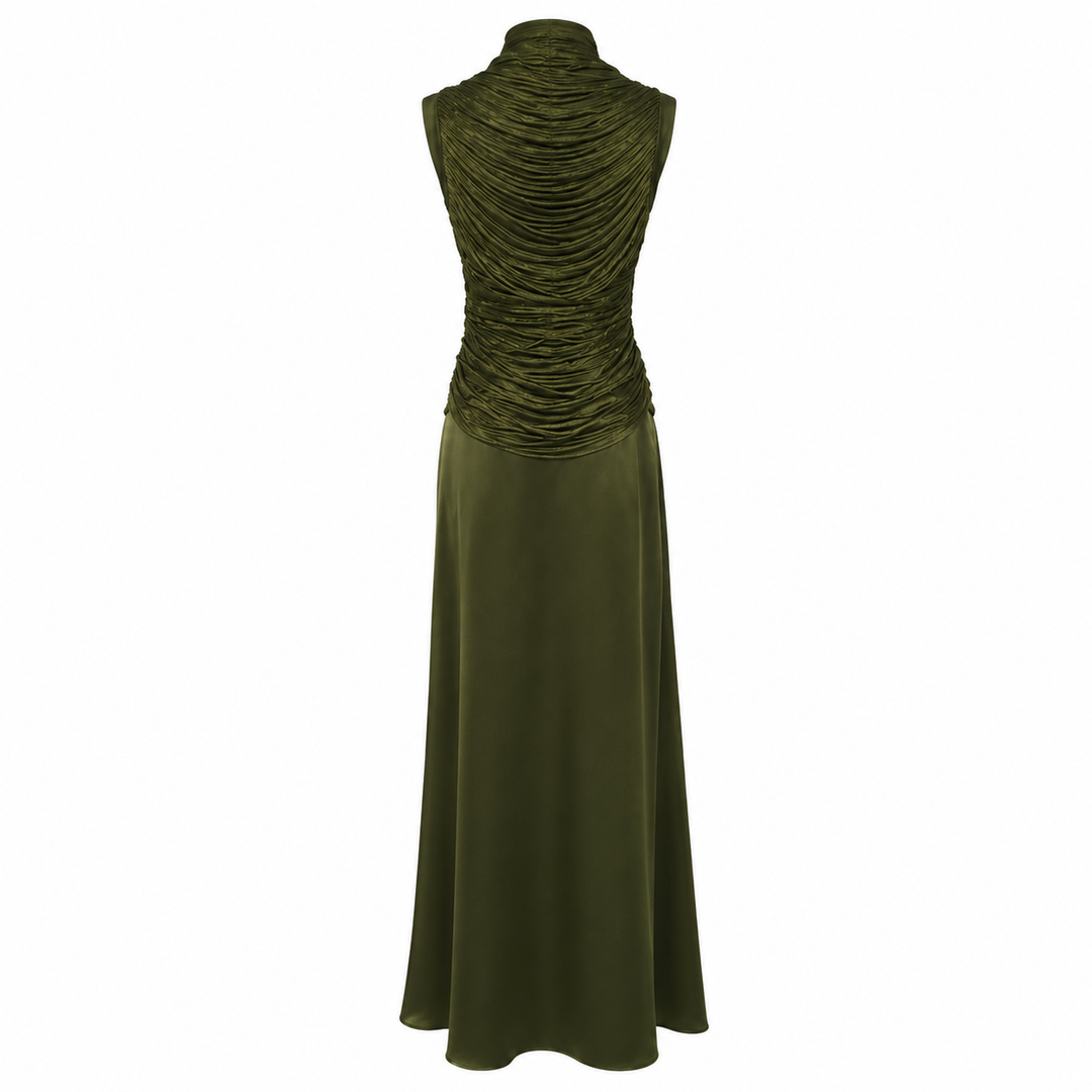 Olive Shimmer Draped Maxi Dress — Verdant