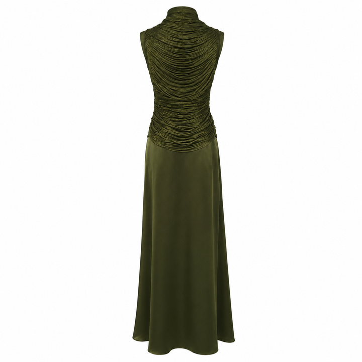 Olive Shimmer Draped Maxi Dress — Verdant