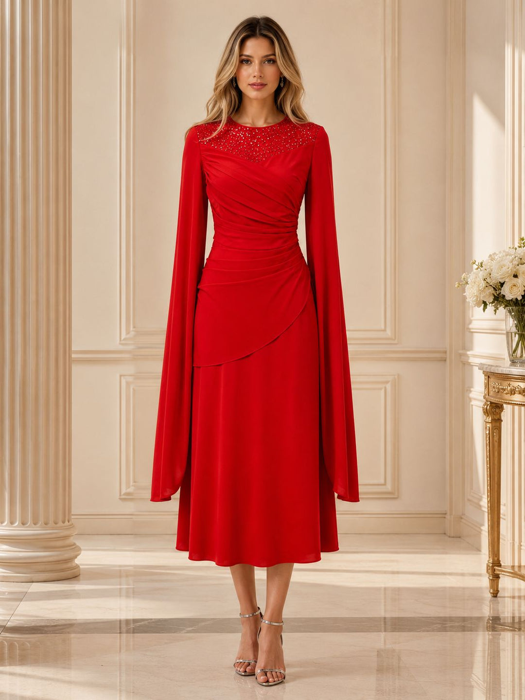Burgundy Sequin Mesh Ruched Evening Dress