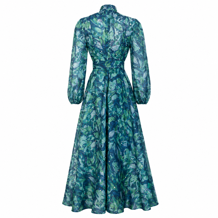 Botanical Print Maxi Dress with Waist Tie - Ocean