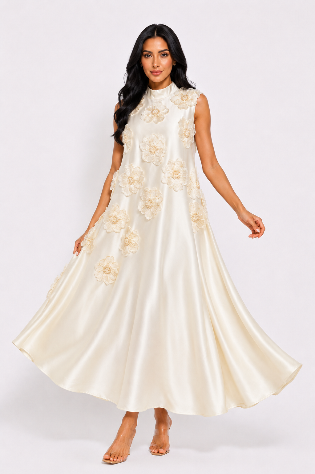 Floral Appliqué Satin A-Line Dress - Champagne