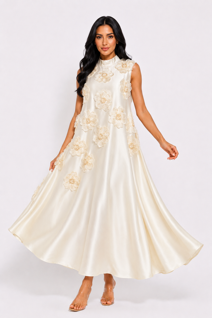 Floral Appliqué Satin A-Line Dress - Champagne