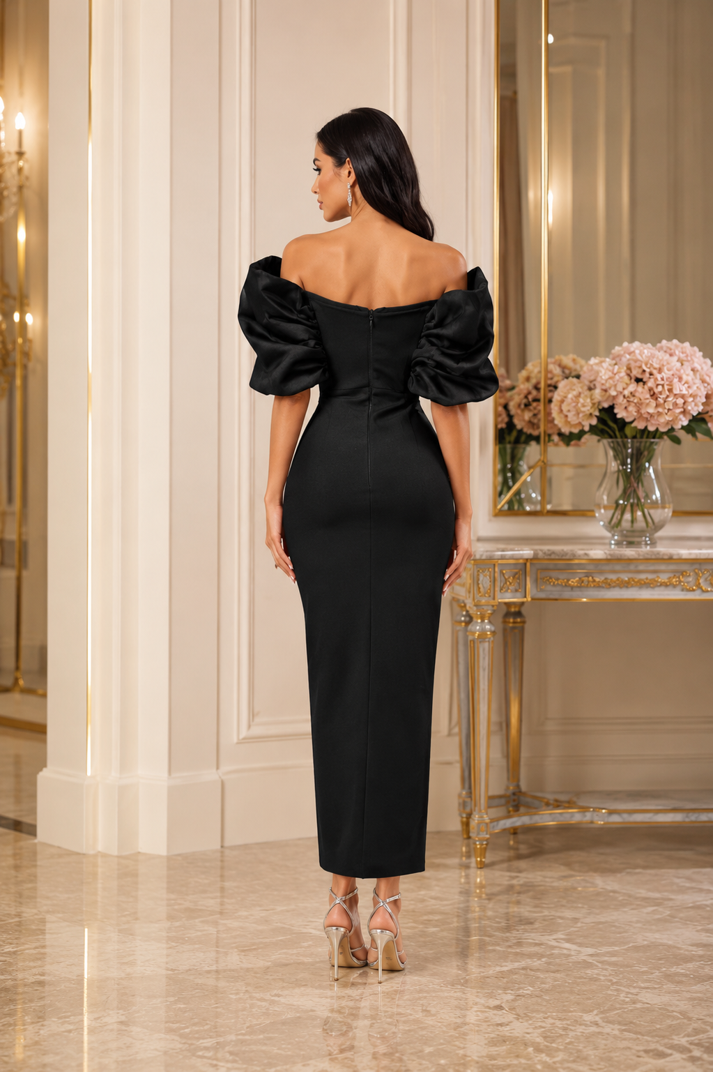 Crystal Trim Puff Sleeve Midi Dress - Blossom