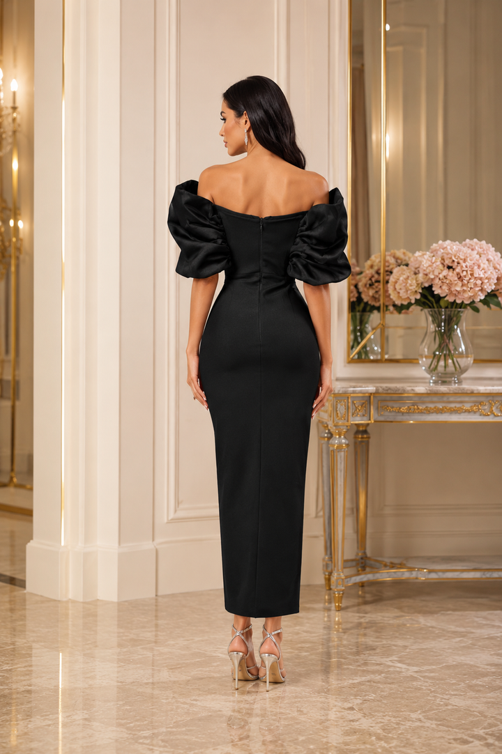 Crystal Trim Puff Sleeve Midi Dress - Blossom