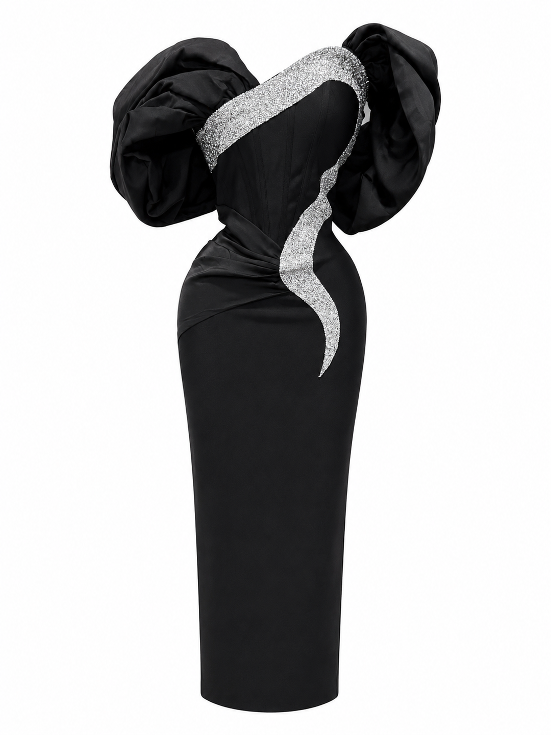 Crystal Trim Puff Sleeve Midi Dress - Blossom