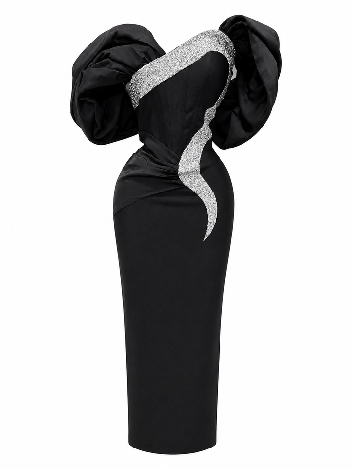 Crystal Trim Puff Sleeve Midi Dress - Blossom