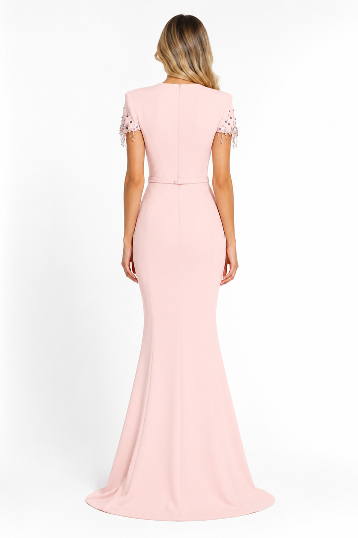 Blush Beaded Sleeve Mermaid Gown - Rosé
