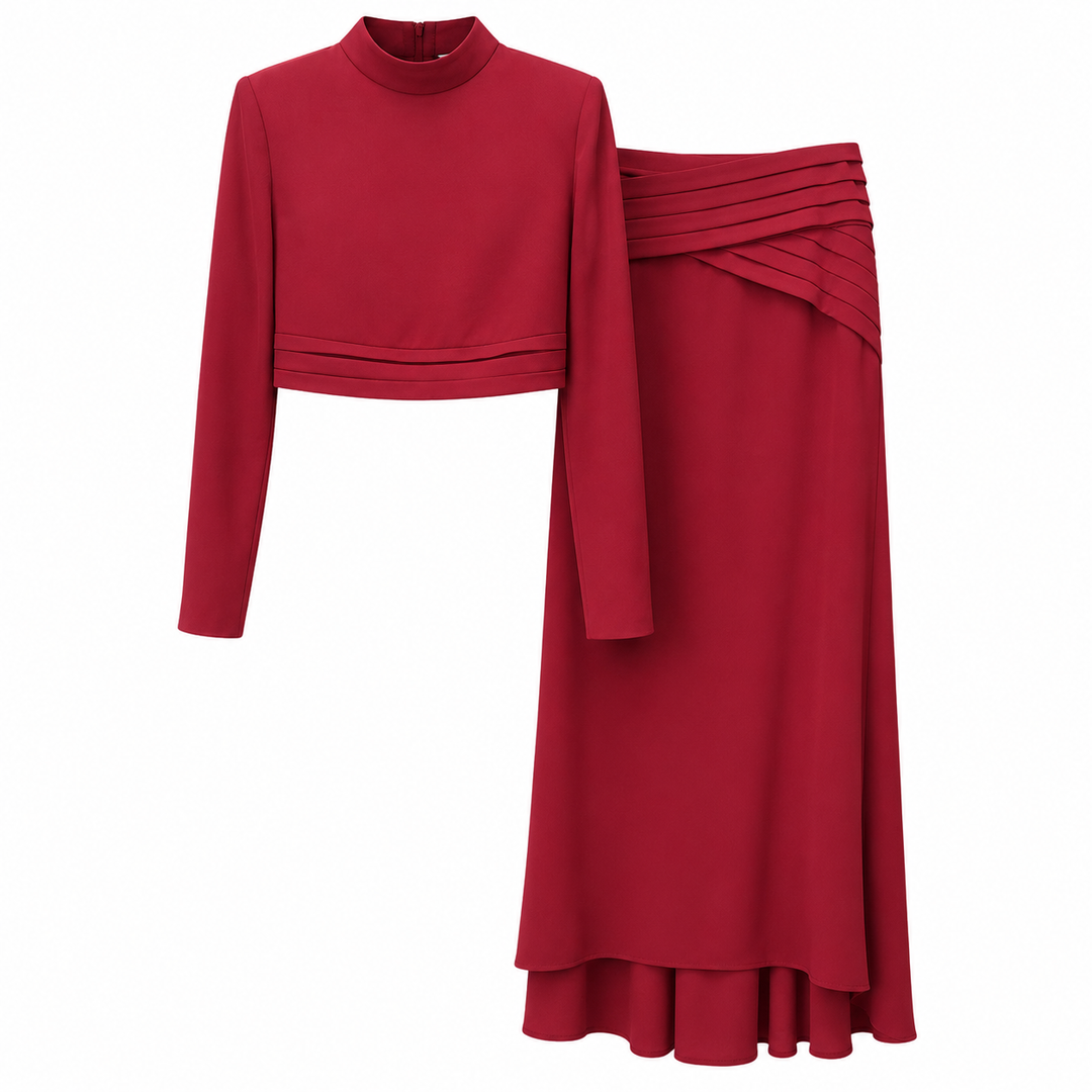 Cropped Long Sleeve Top & Maxi Skirt Set - Scarlet