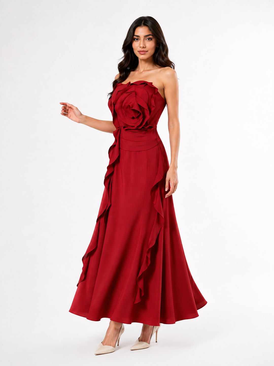 Ivory 3D Rose Strapless Midi Dress – Rosette