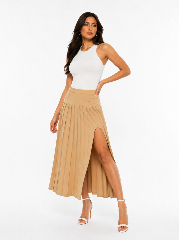 Pleated High-Low Midi Skirt – Dune