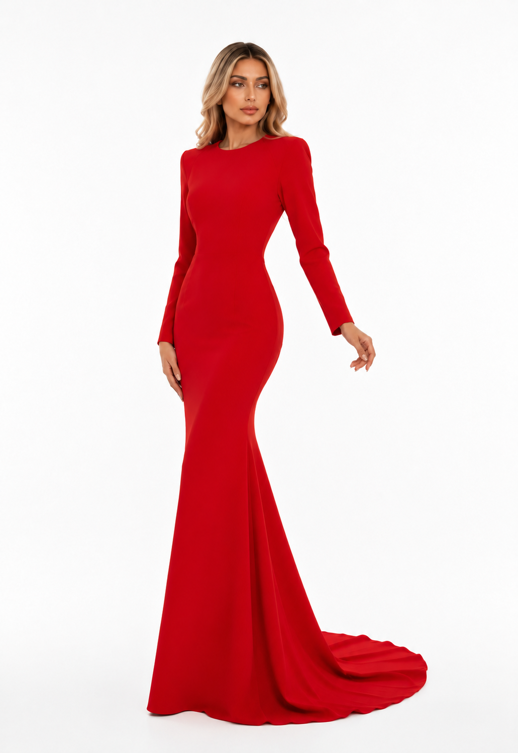 Sculpted Long-Sleeve Mermaid Gown - Scarlet