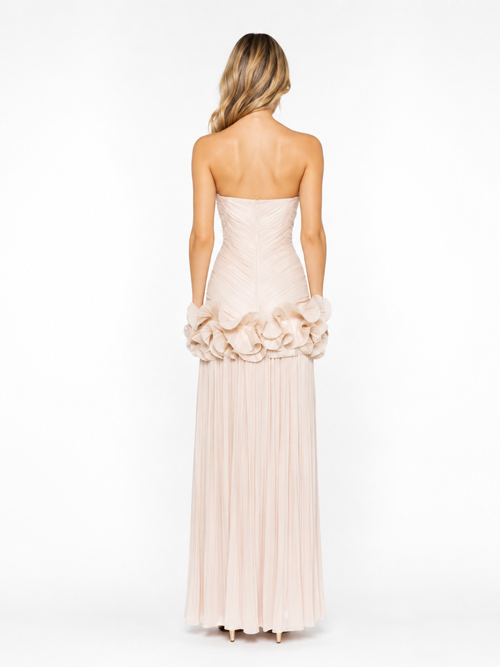 Strapless Ruffle Pleated Gown - Champagne