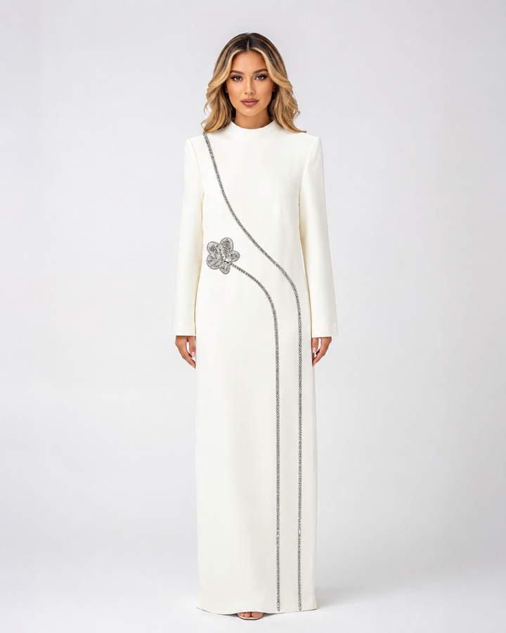 Crystal Floral Trim Maxi Dress - Ivory