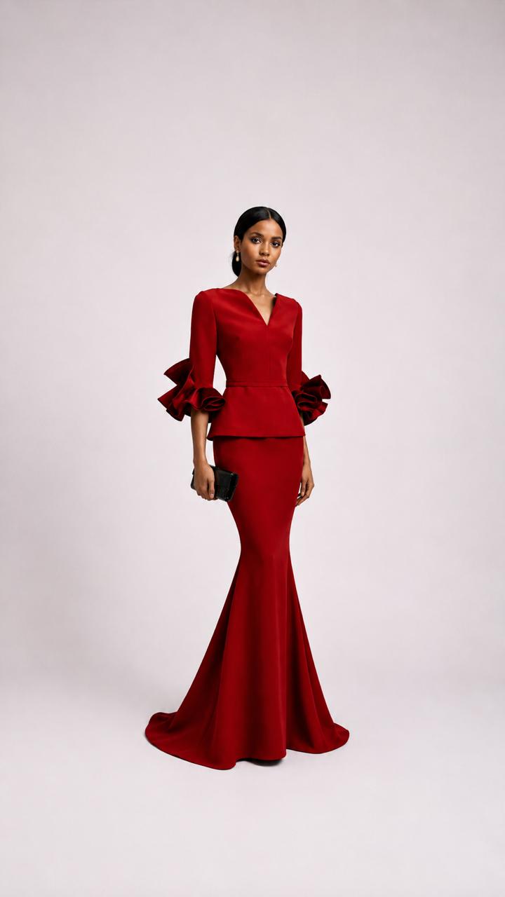 Red Ruffle Sleeve Peplum Mermaid Dress – VALENCIA