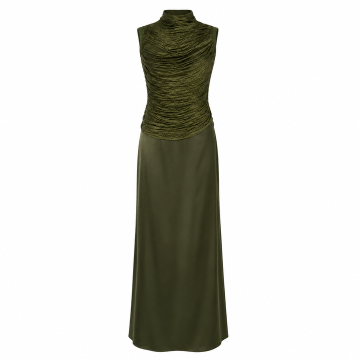 Olive Shimmer Draped Maxi Dress — Verdant