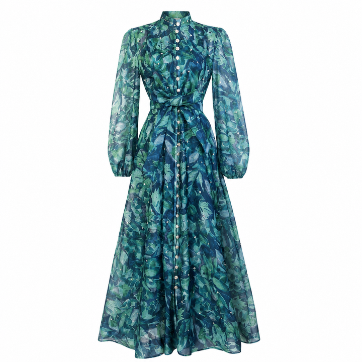 Botanical Print Maxi Dress with Waist Tie - Ocean