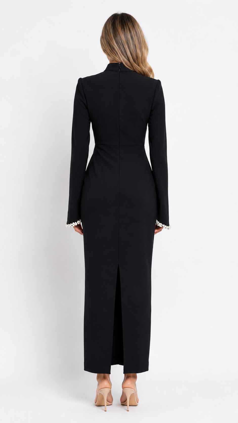 Crystal Trim High-Neck Midi Dress - Elegance