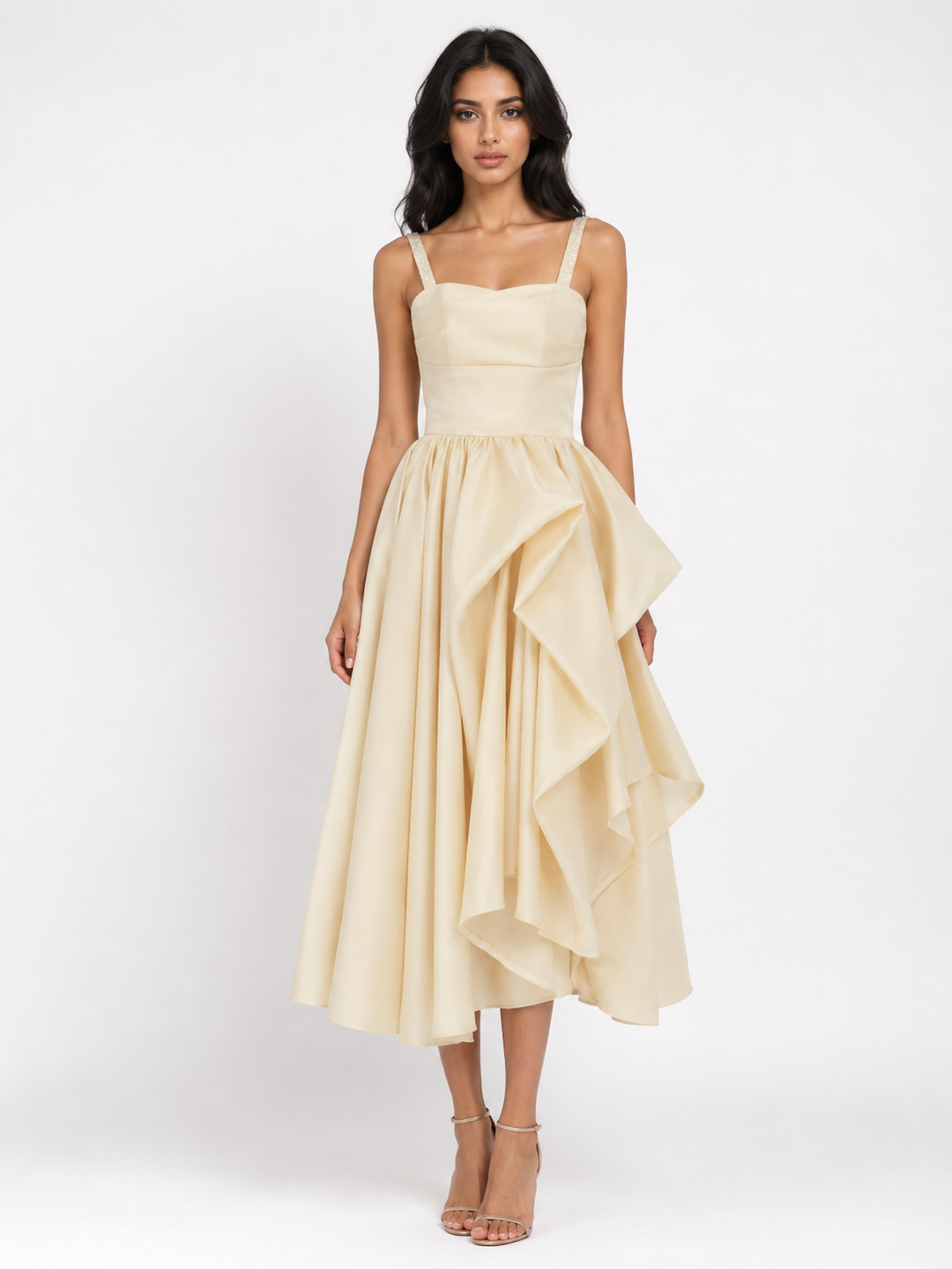 Asymmetrical Ruffle Midi Dress - Champagne