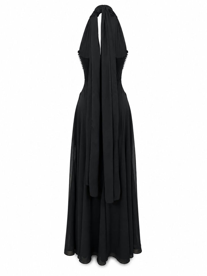 Midnight Crystal Embellished Halter Maxi Dress - Glamour