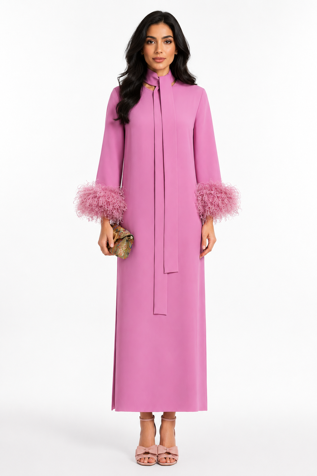 Rose Pink Feather Cuff Maxi Dress - Camellia