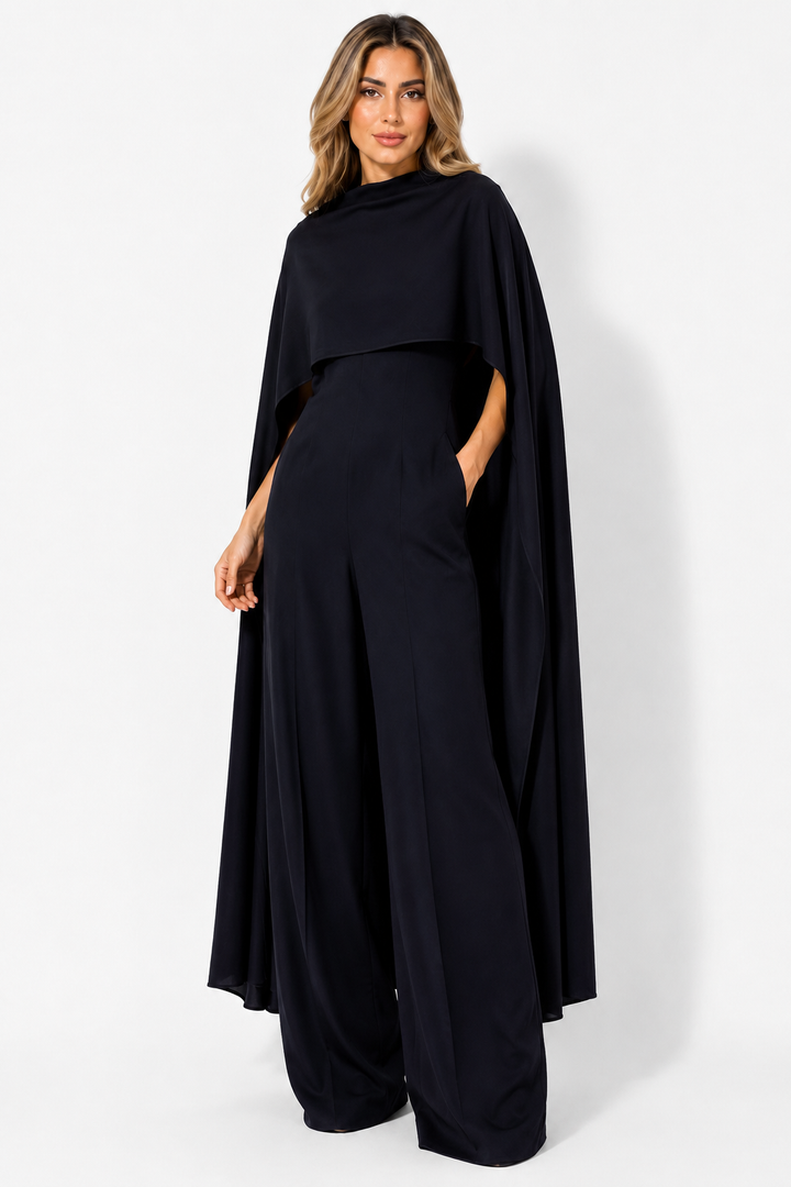 Cape Overlay Wide-Leg Jumpsuit - Noir