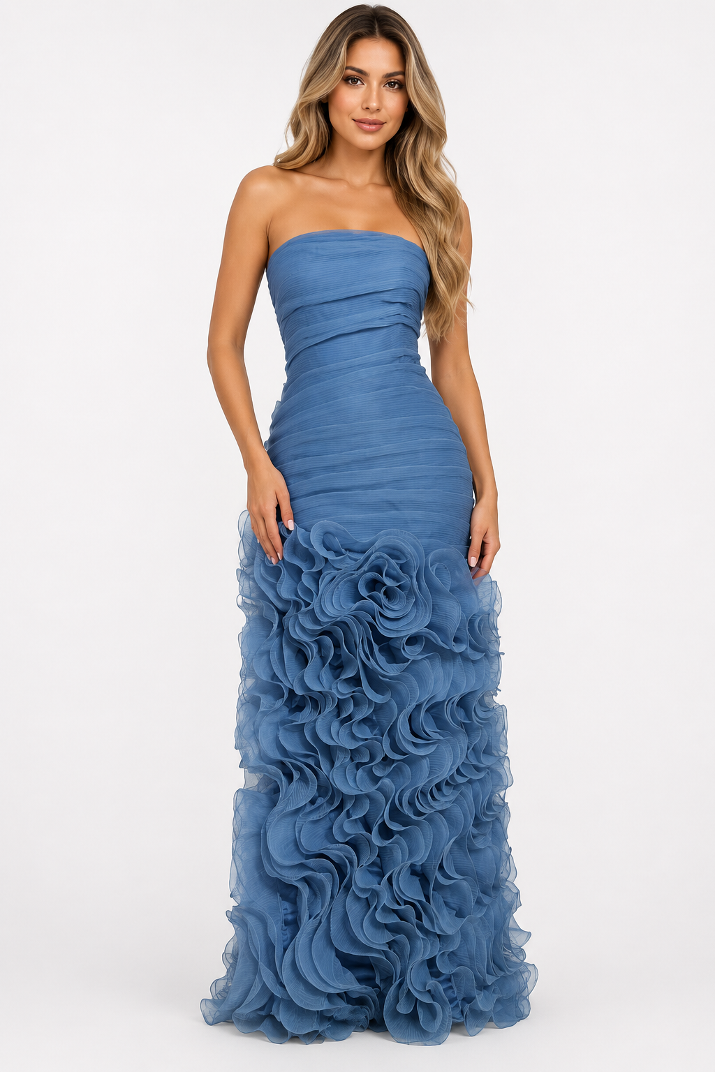 Sculpted Ruffle Evening Gown - Azure