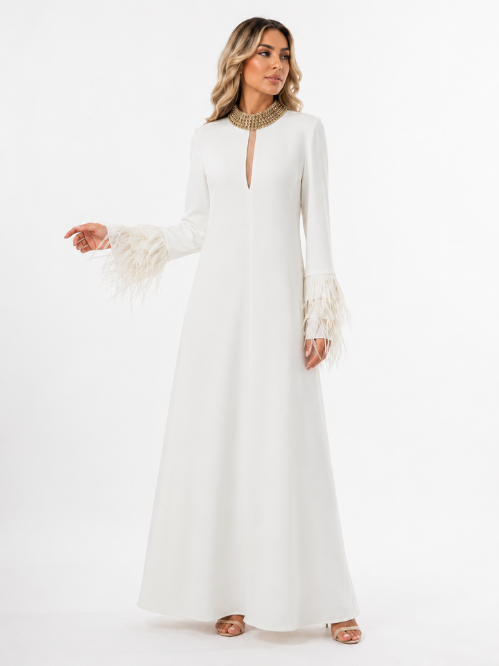 Embellished Collar Feather Sleeve Maxi Dress - Classic